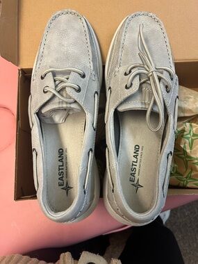 Eastland Gray Suede Moc Toe Boat Shoes